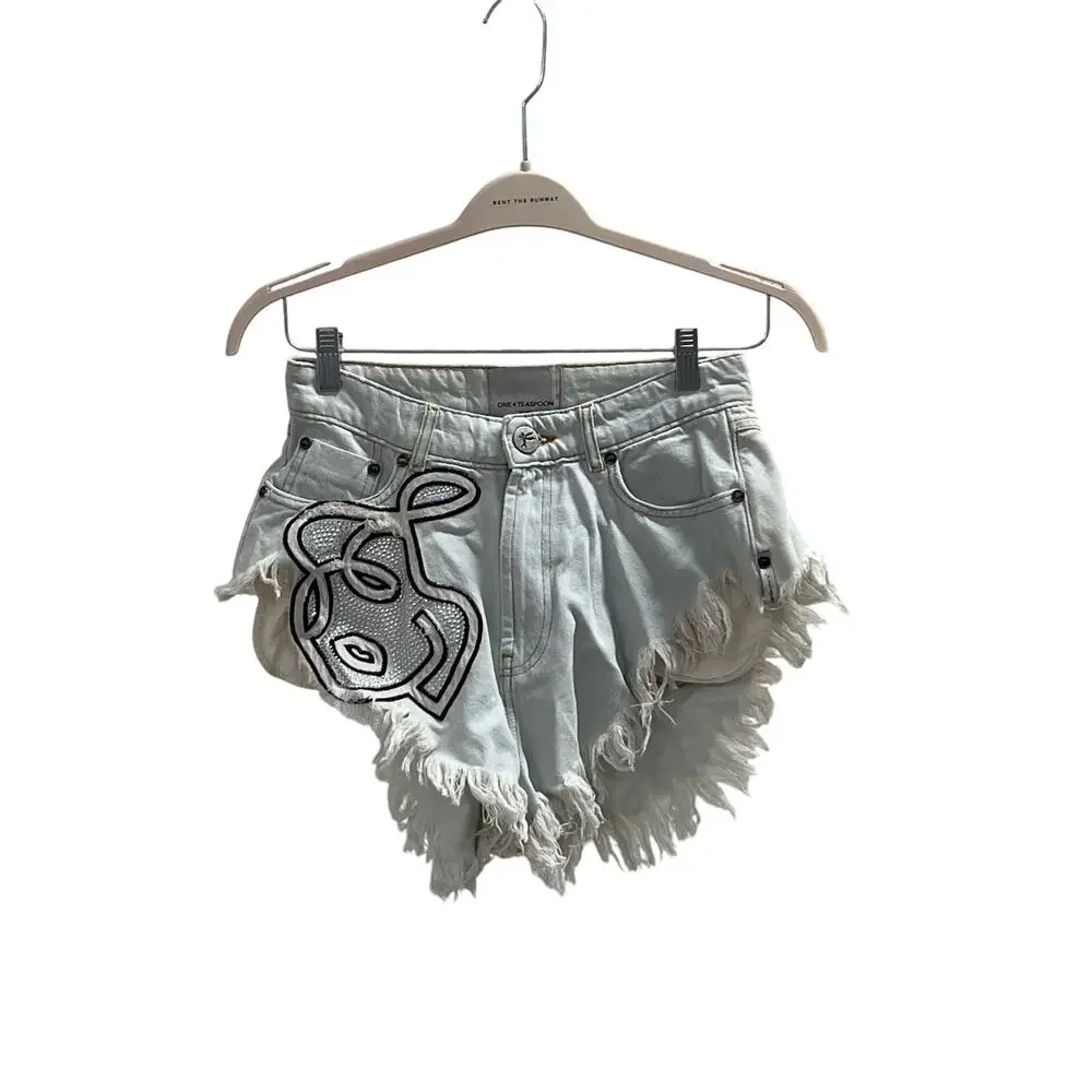 One Teaspoon Sz26 Flippy Light Wash Rhinestone Embellished Frayed Cut Off Shorts